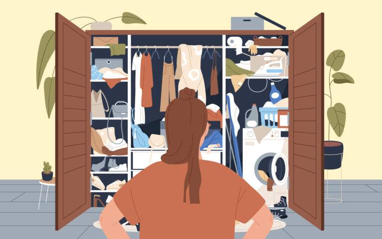 Illustration of the back of a woman looking into a messy closet, full of laundry, accessories, and storage.