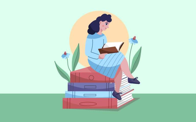 Illustration of a woman sitting on a stack of books, reading a book. She wears a blue dress and navy shoes, surrounded by blooming flowers, with a warm yellow sun in the background, all set on a pastel green backdrop.