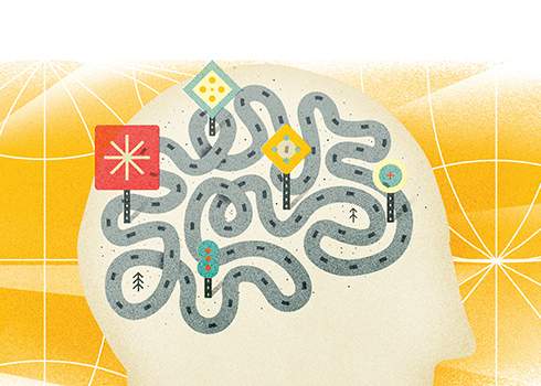 Illustration of a human head with a complex, winding road inside, connecting various signs and symbols, representing different pathways and nodes. The background features a yellow grid pattern with a gradient.