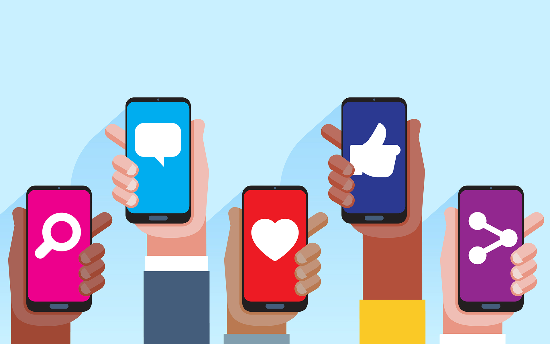 Illustration of five people holding up cell phones that show various social media icons on the their screens. compassionate social media habits