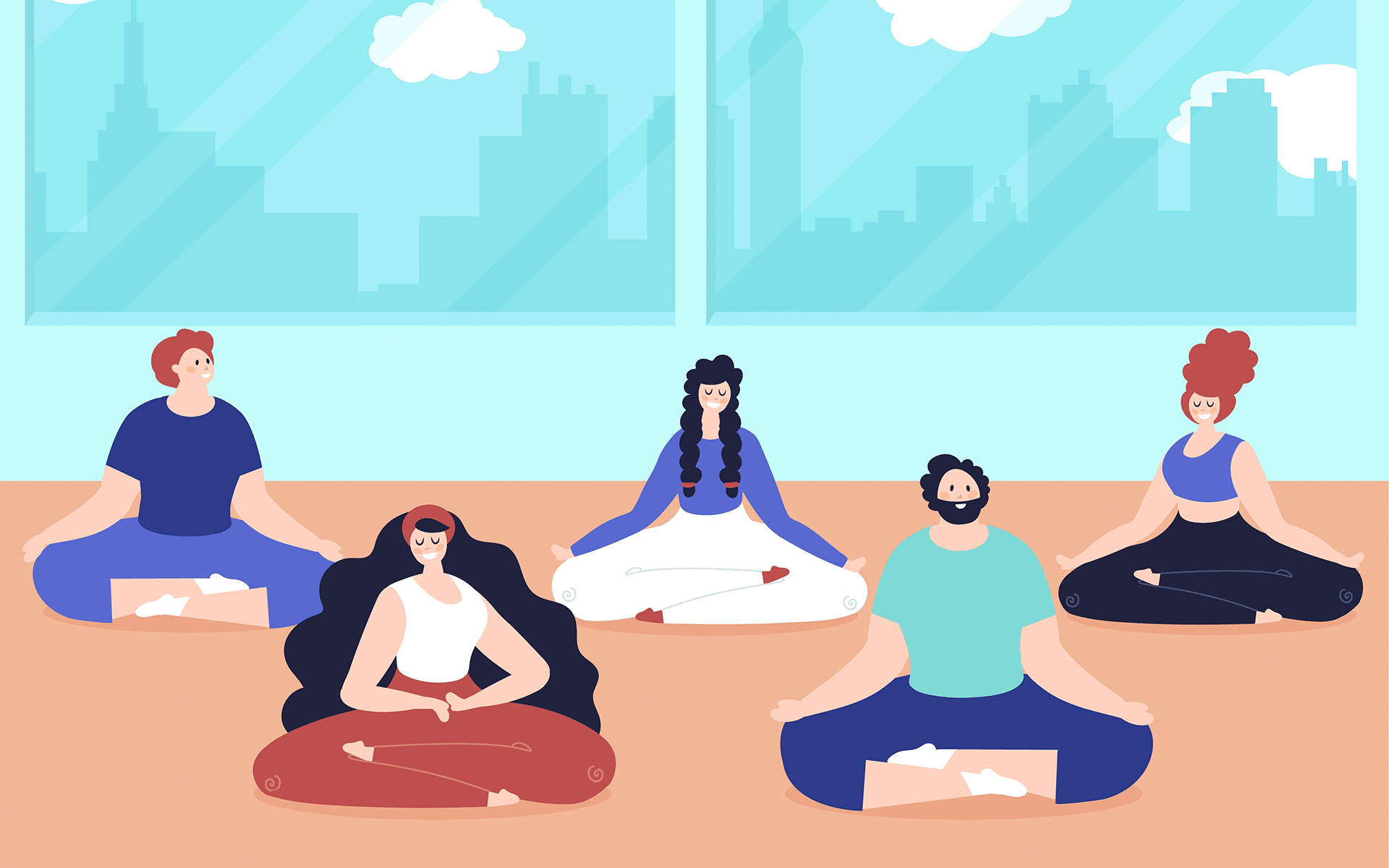 Illustration of a group of five meditators sitting in a room together with their eyes closed. C.H.O.I.C.E.
