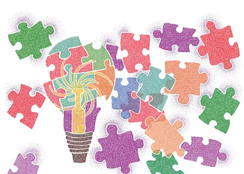 Illustration of a light bulb made up of colorful puzzle pieces, with additional scattered puzzle pieces around it. The light bulb symbolizes creativity and the interconnectedness of ideas, dispelling misconceptions of creativity with its vibrant colors that add a dynamic and playful touch.