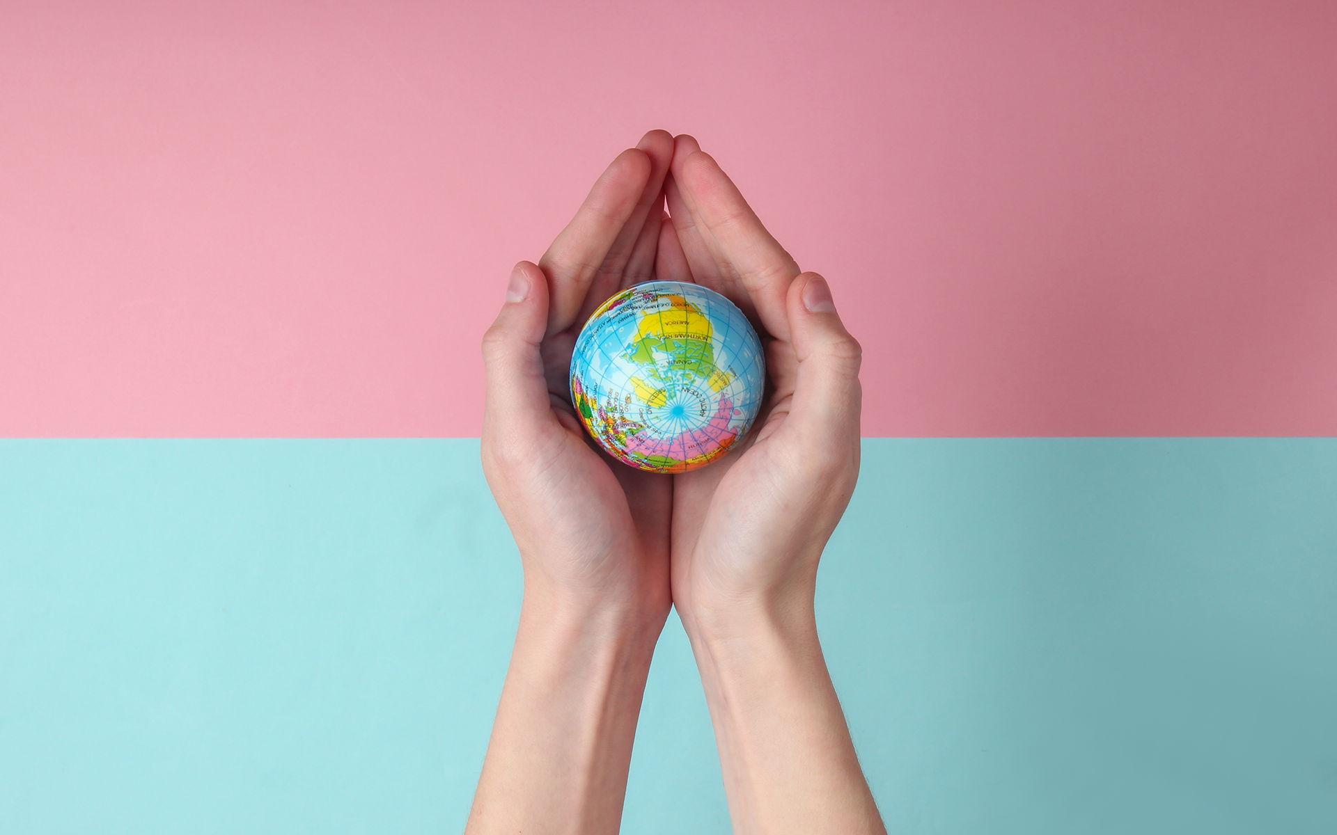 Do You Know How You Can Change the World?—We look down on someone's hands that are cupped together holding a small globe. The top half of the background is pink and the bottom half is light blue.