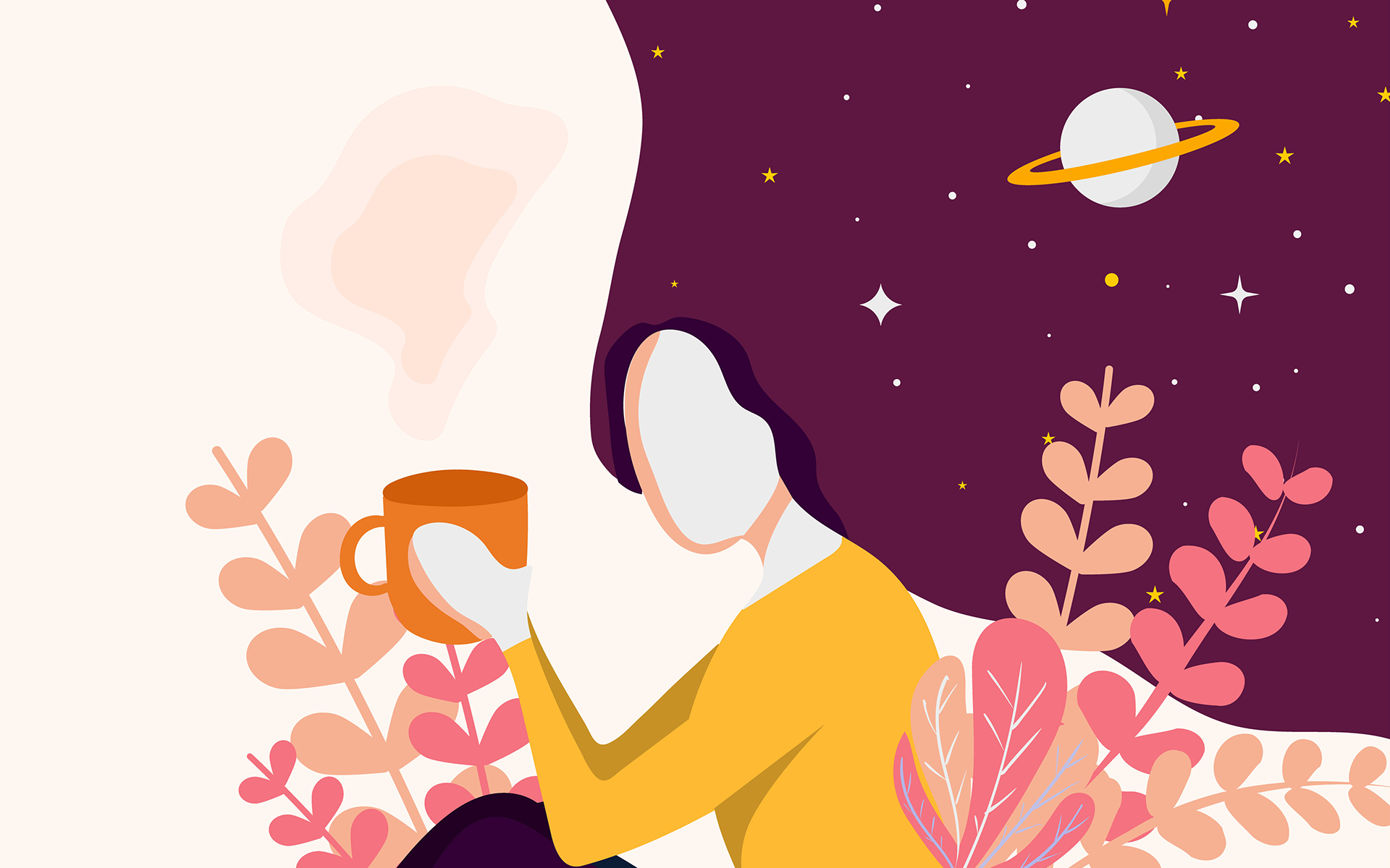 Finding a Way to Measure and Study Our Internal Attention—Illustration of a white woman wearing a yellow shirt and black pants sitting down holding an orange mug with pink and orange plants around her. Her hair flows behind her and up and is purple with starts and a planet in it.