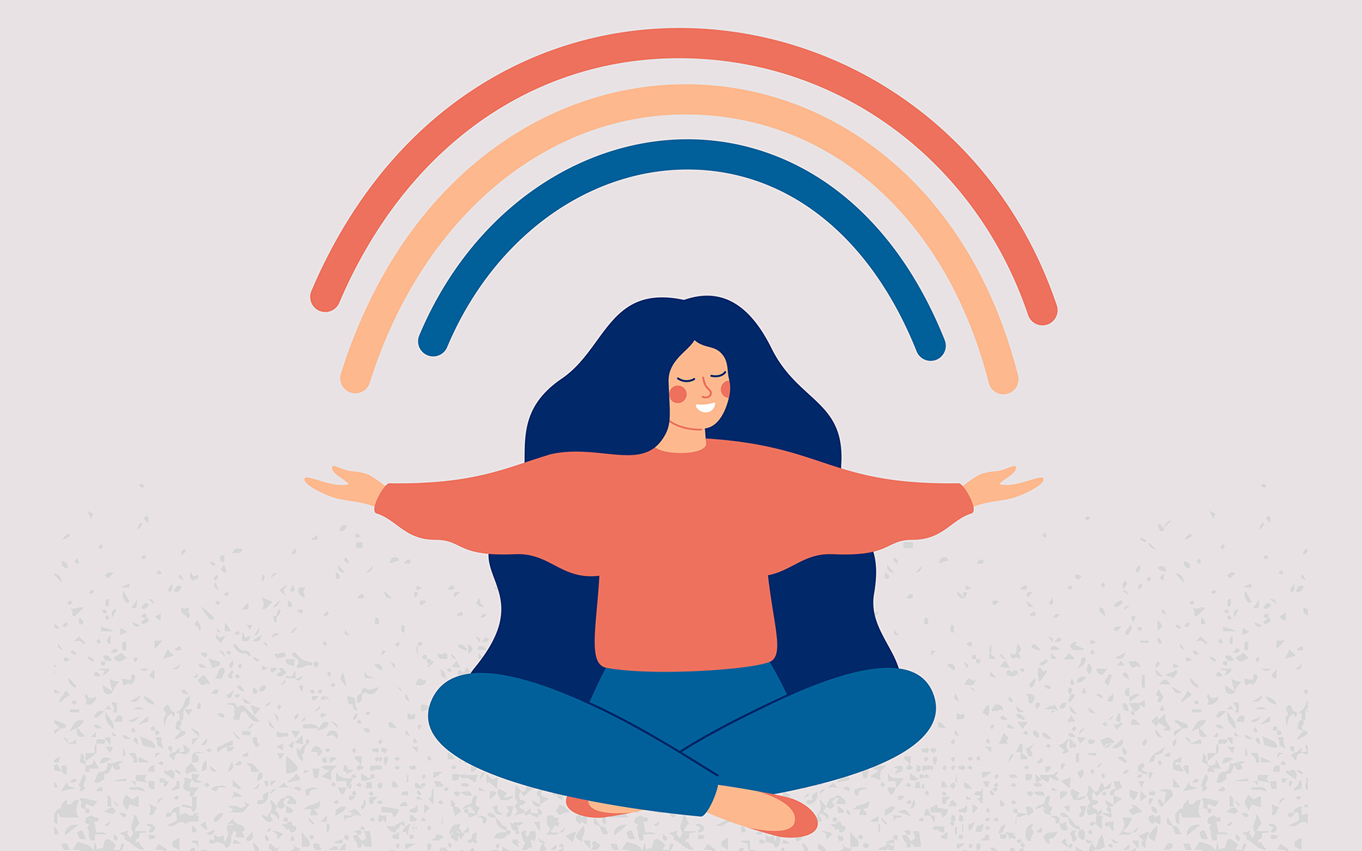 Illustration of a woman sitting cross-legged with her arms outstretched with a rainbow above her.