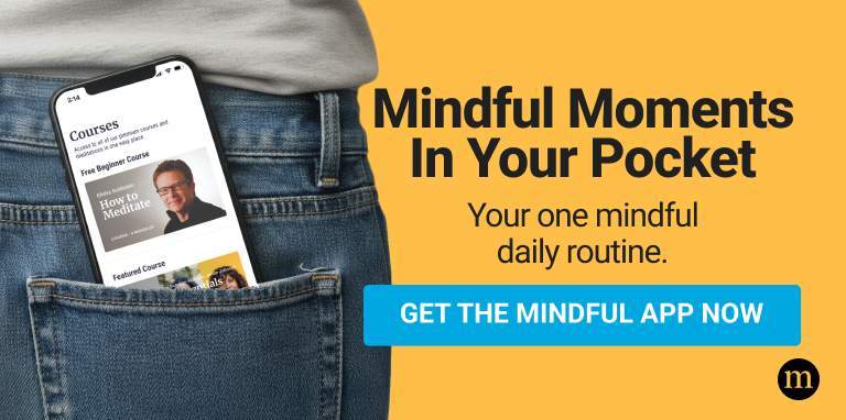 A phone showing a mindfulness app peeks from a jeans pocket, with text promoting the mindful app.