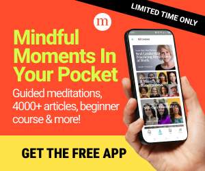 Hand holding phone with meditation app; text: Mindful Moments In Your Pocket. Perfect for your Page Sidebar. Get The Free App. Limited Time Only.