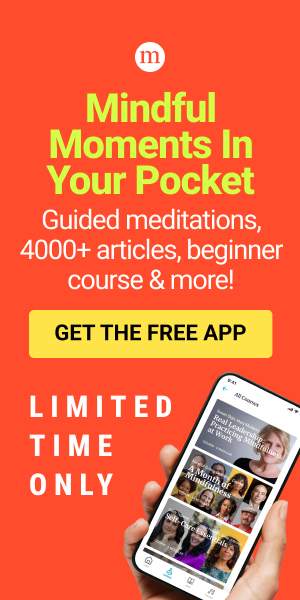 Ad for a mindfulness app with meditations, articles, and a section sidebar, shown on a phone held in hand.