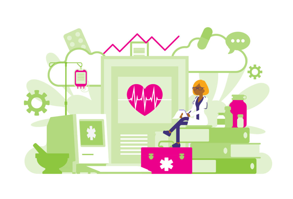Mindfulness for healthcare workers - Illustration of a healthcare worker reading a heart monitor