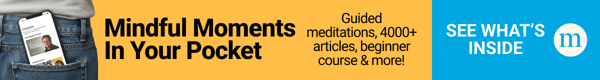 Phone in back pocket with Omeda meditation app; text reads Mindful Moments In Your Pocket. See What's Inside. Tap the CTA now.