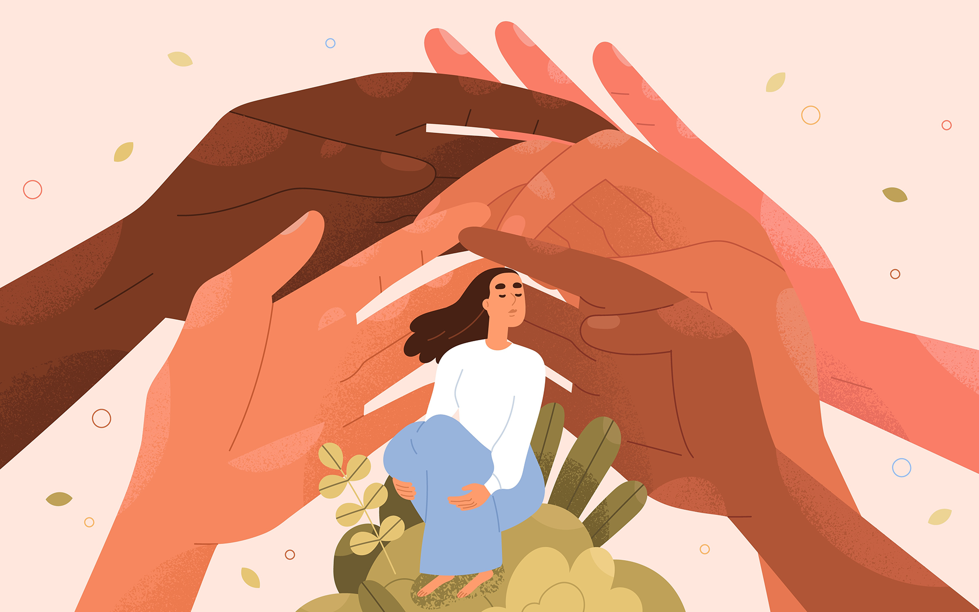 Illustration of five large hands reaching around a woman sitting on a patch of grass in a supportive gesture.