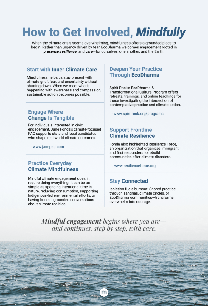 A mindfulness infographic over ocean water, inspired by Jane Fonda, lists ways to get involved in climate action with care and presence.