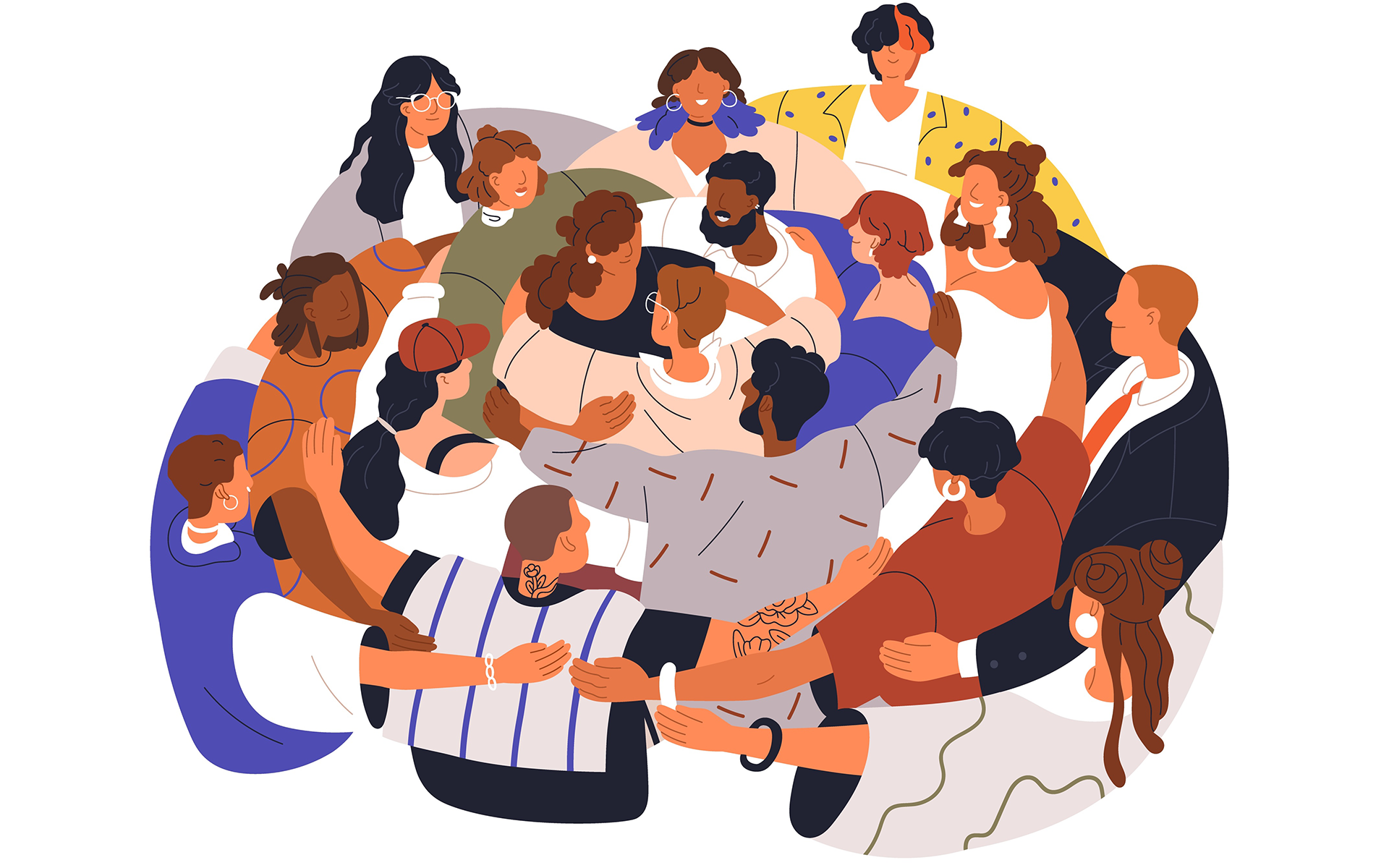 Illustration of Diverse people group in circle, hugging together.