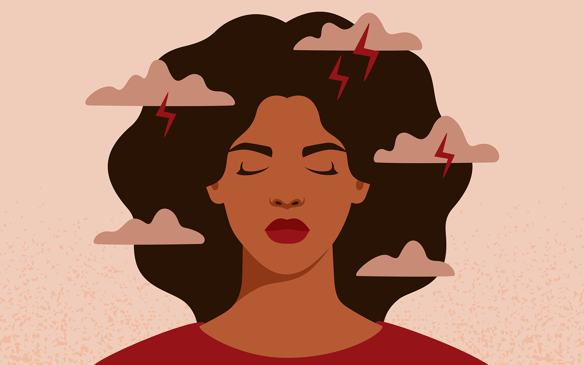 How to be More Aware of Emotional Bypassing—Illustration of a Black woman wearing a red shirt with her eyes closed and thunder clouds surrounding her head.