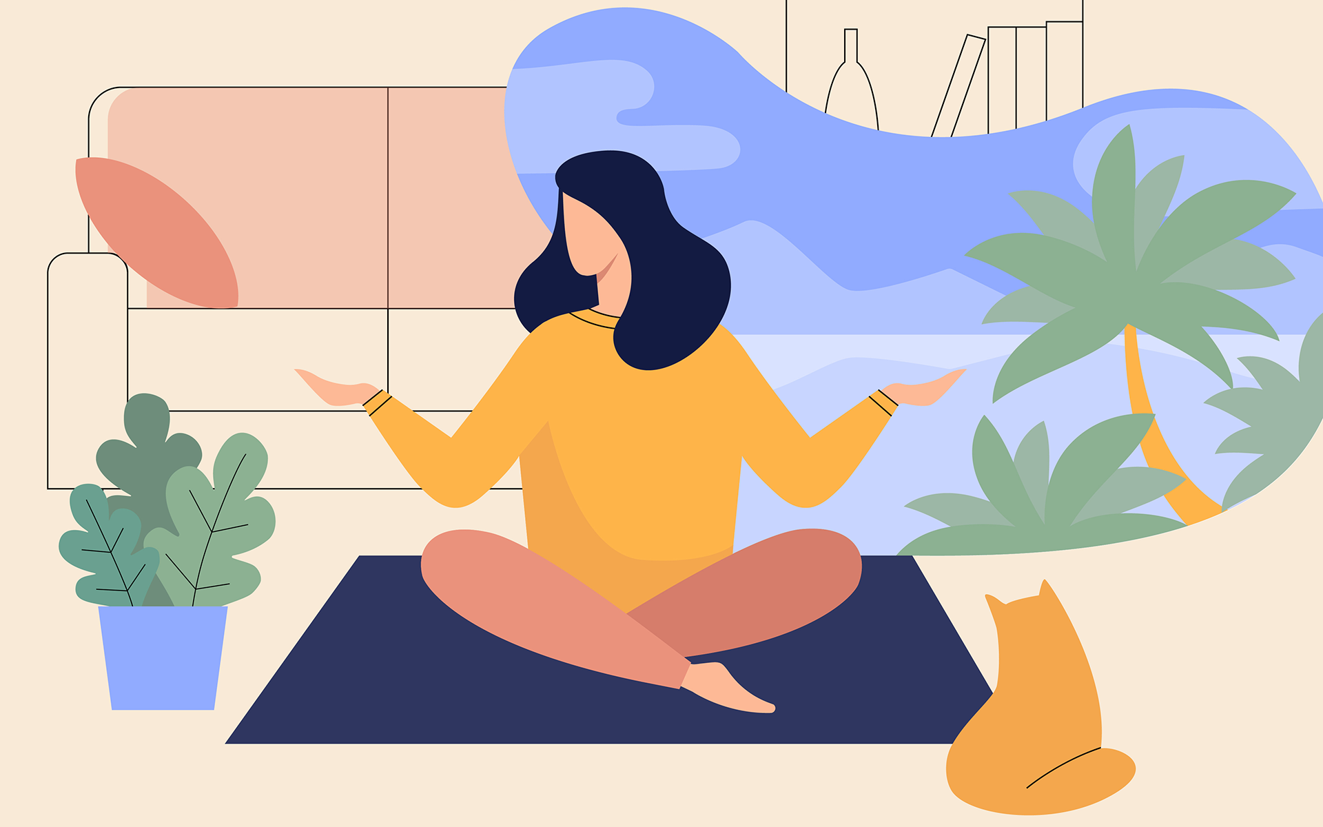 Illustration of a woman sitting cross-legged on a yoga matt in her living room with a cat by her feet. She's imagining a tropical beach.