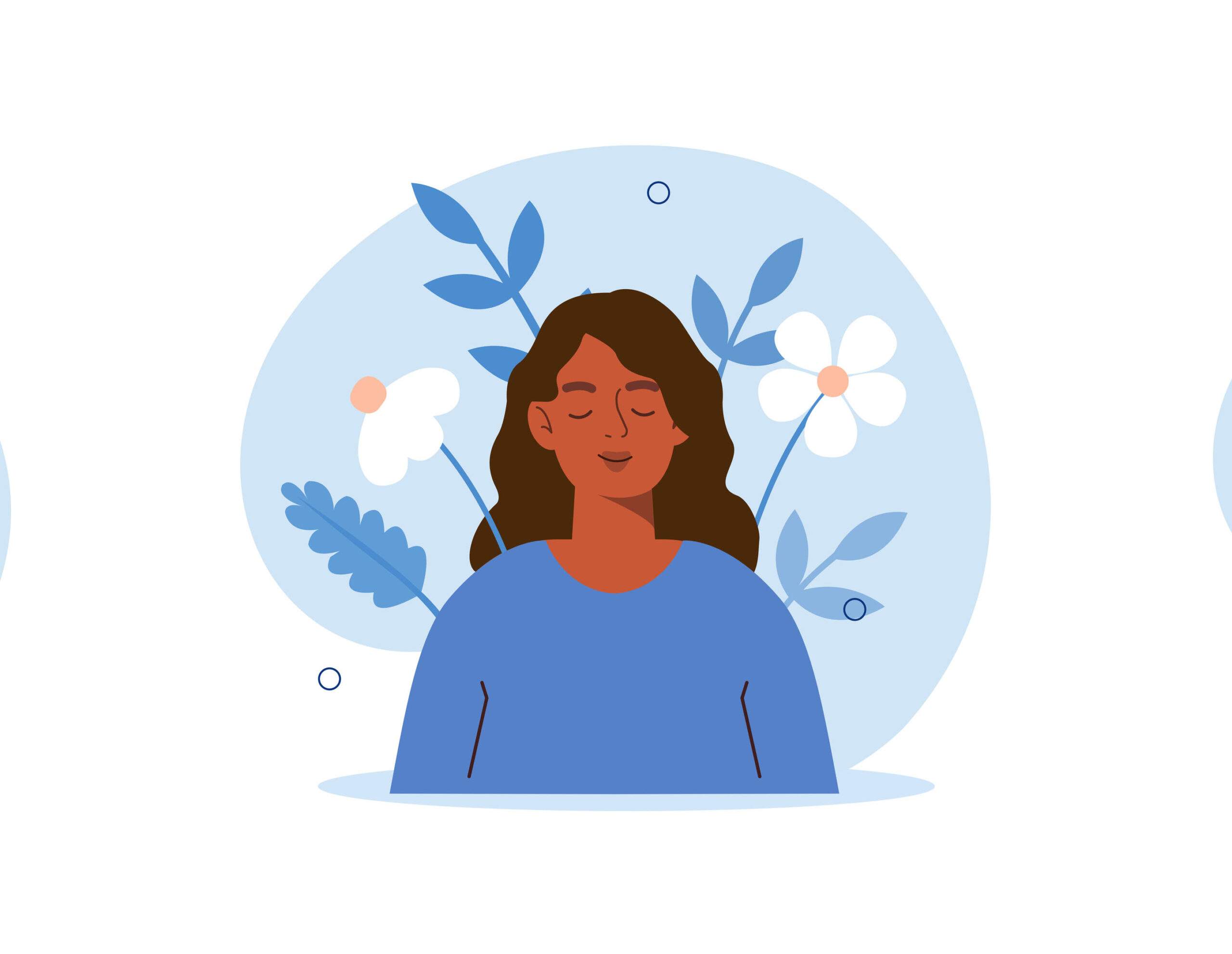 How to Cut Yourself Some SLACK and Kick Some A** In the New Year - Illustration of a brown skinned woman wearing a blue shirt, her eyes closed in mindful contemplation, with a background of blue and white flowers