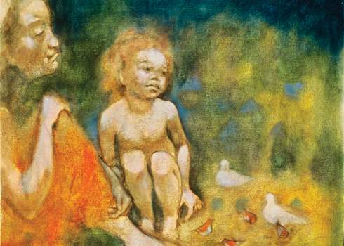 A detailed painting depicts a seated woman in orange attire next to a young child. The child, not wearing clothes, is crouched down, looking at several small birds on the ground. The background is a mix of blurred, vibrant colors, adding a dreamlike quality to the scene.