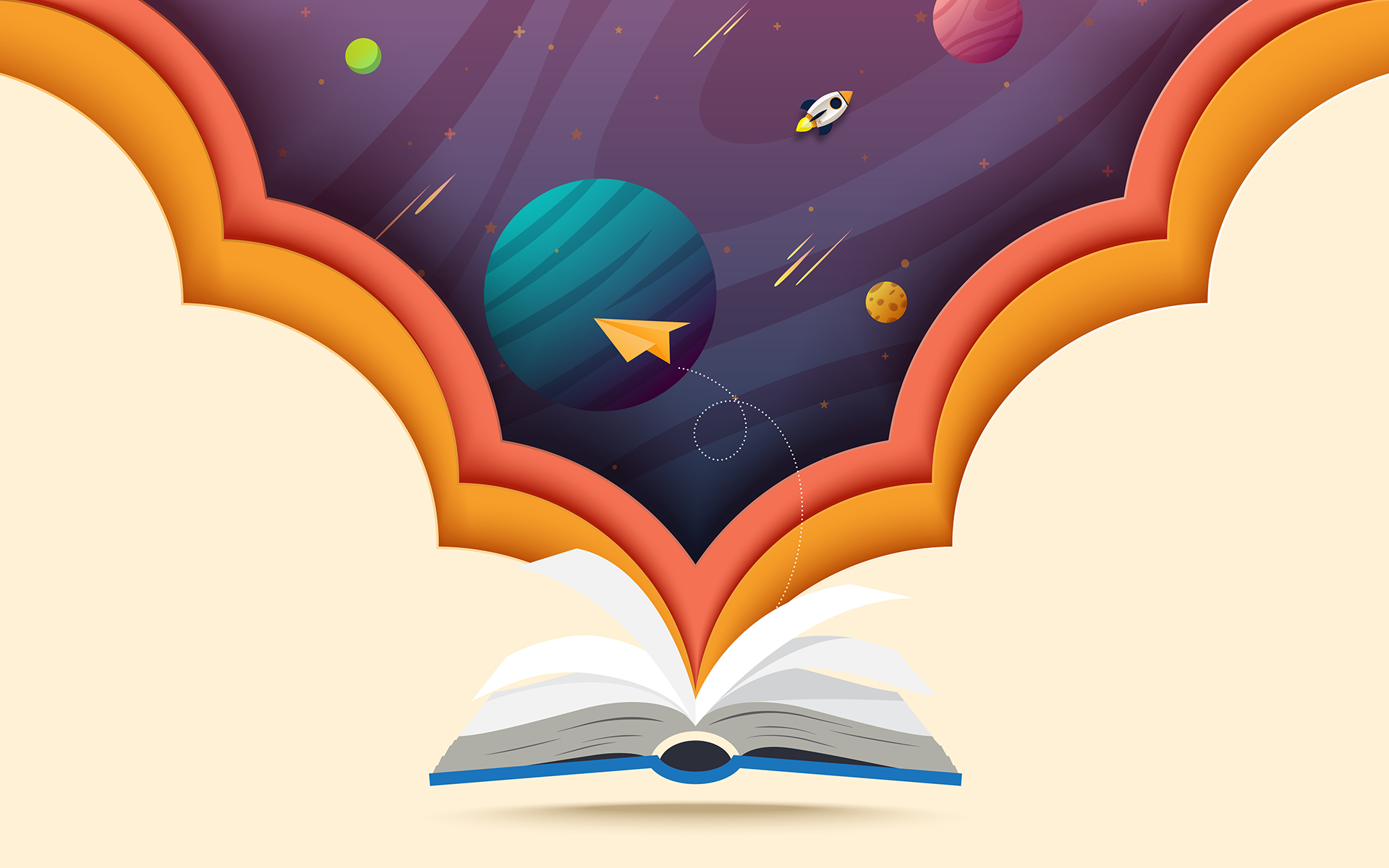 Illustration of an opened book with a space scene coming from the pages.