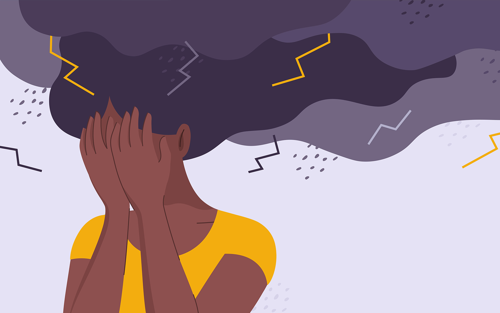Mindfulness for Suicide Prevention- A Teacher’s Experience—Illustration of a Black woman with her hands over her face and hair flowing upwards and into purple lightning clouds.