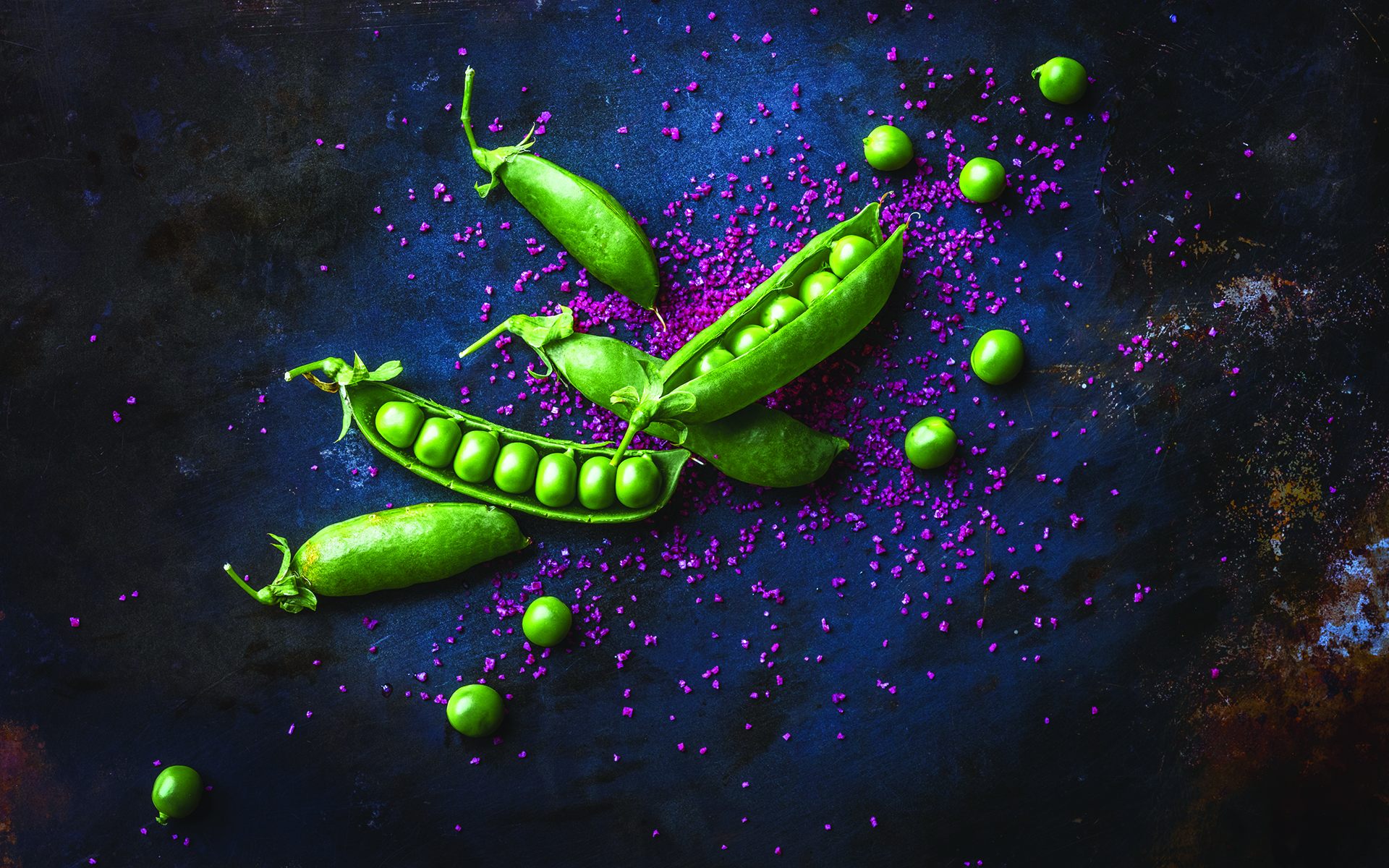 Photograph of peas in pods on dark blue background and pink powder.