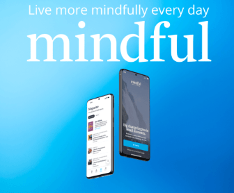 Two smartphones display the Mindful app and Bonus Material on a blue background with the text Live more mindfully every day.