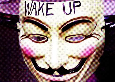 A mask with the words wake up written on it.