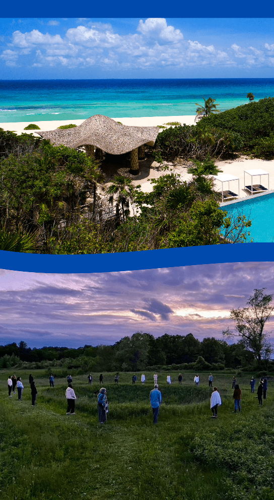 Top: Oceanfront pool and modern cabana. Bottom: Group standing in a grassy field at sunset, featured in the 2026 Retreat Guide.
