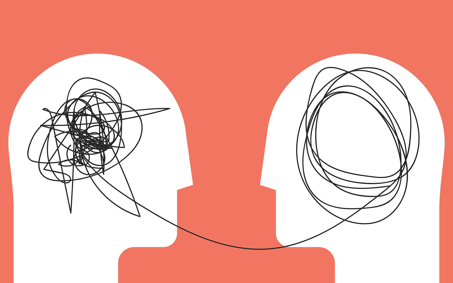 Illustration of two white silhouettes of heads facing one another on an orange background. In one head there is a scrambled line that leads to a neatly coiled line in the other.