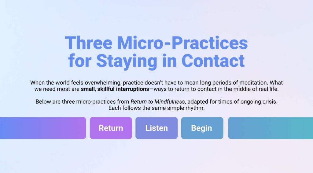Text graphic titled Three Micro-Practices for Staying in Contact with ourselves: Return, Listen, Begin.