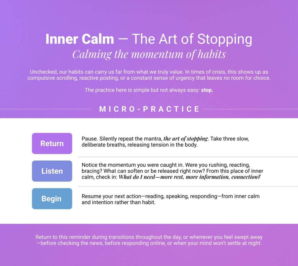 Purple infographic titled Inner Calm, explaining a three-step habit practice for managing vicarious trauma: Return, Listen, and Respond.
