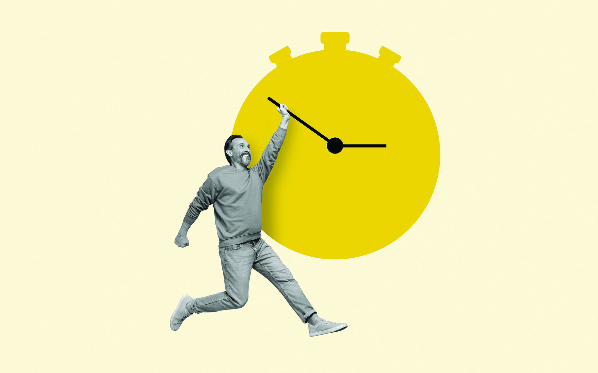 Photo collage of a man holding onto the hand of a yellow clock as if trying to slow time.