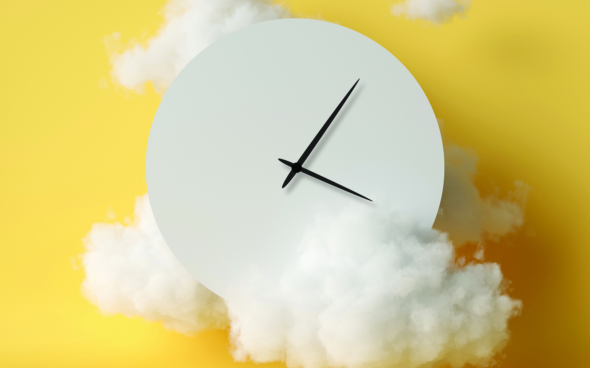 The Science of Deep Sleep - Clock amidst fluffy clouds on a yellow background