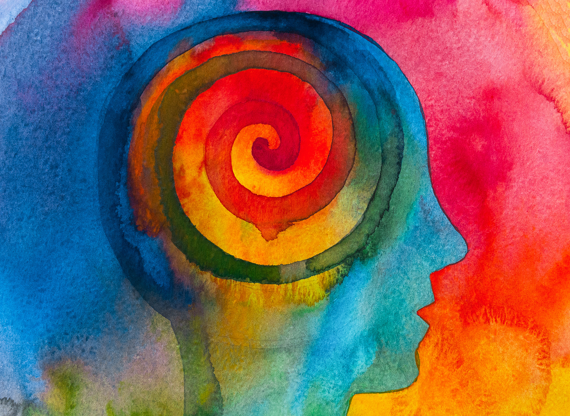 This is why we practice mindfulness meditation - swirling thoughts in colourful illustration of a head