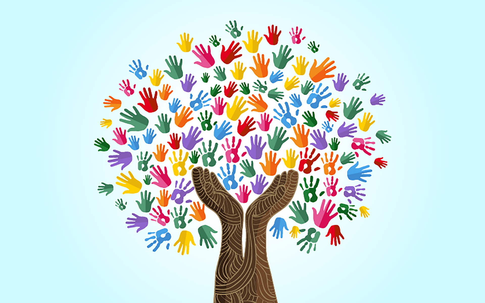 Illustration of a tree where the trunk is made of two brown arms and hands reaching upward and the leaves are small, colorful handprints with a blue background.