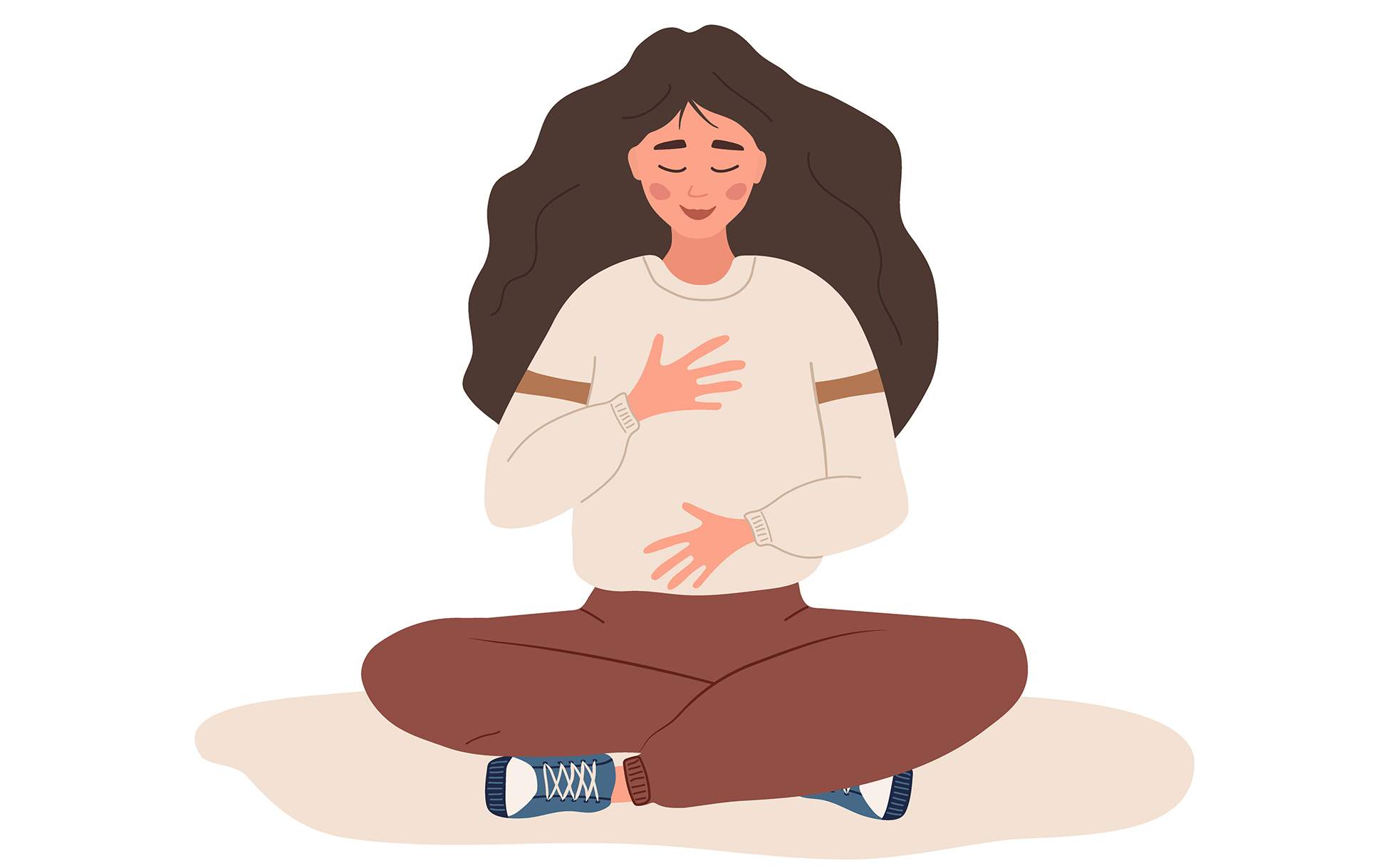 Illustration of a woman with long brown hair sitting cross-legged with one hand over her heart and one hand on her belly.