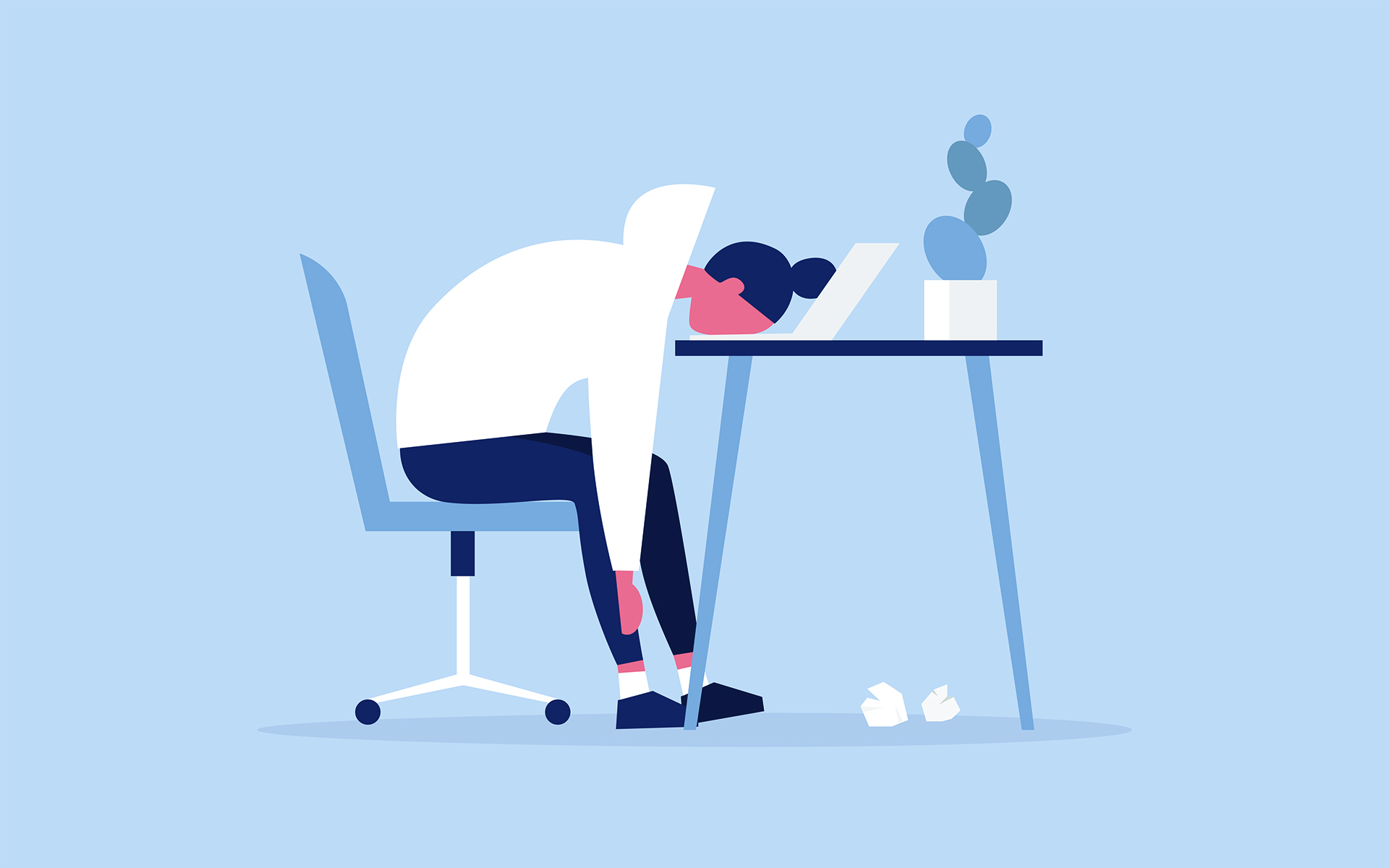 Video chatting exhaustion is real - Illustration of a woman with her head dropped on her keyboard