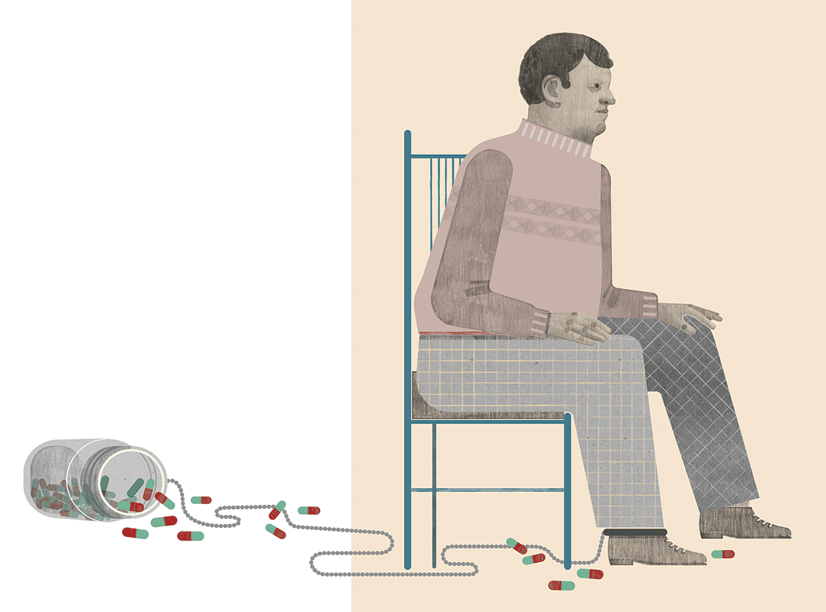 illustration of man with pill bottle tied to his leg, representing addiction