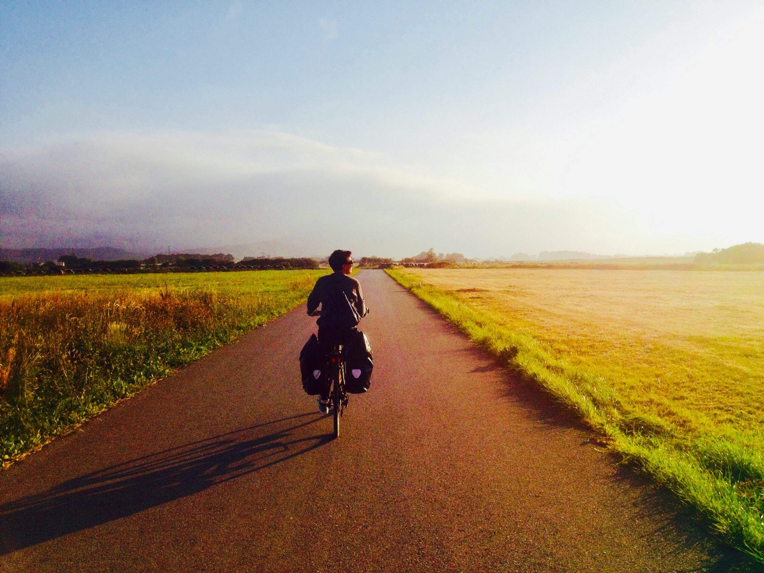 Person rides a bicycle down a paved country road, fields on both sides, shifting mental gears under bright sunlight and a clear sky.