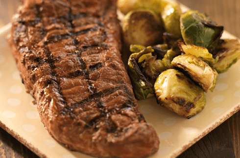 Traditional American plate with big steak and a few veggies
