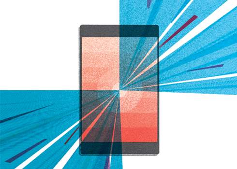An abstract illustration of a tablet with a red screen. Blue rays of light, symbolizing apps that challenge, burst from the tablet, extending outward in all directions to signify connectivity or communication. The background is white, highlighting the contrast with the vibrant blue rays.