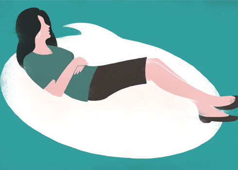 Illustration of a woman with long dark hair wearing a green top and a black skirt, lying on her back on a white cloud against a teal background. Her eyes are closed, and she appears relaxed, as if drifting away from any flawed thinking below.
