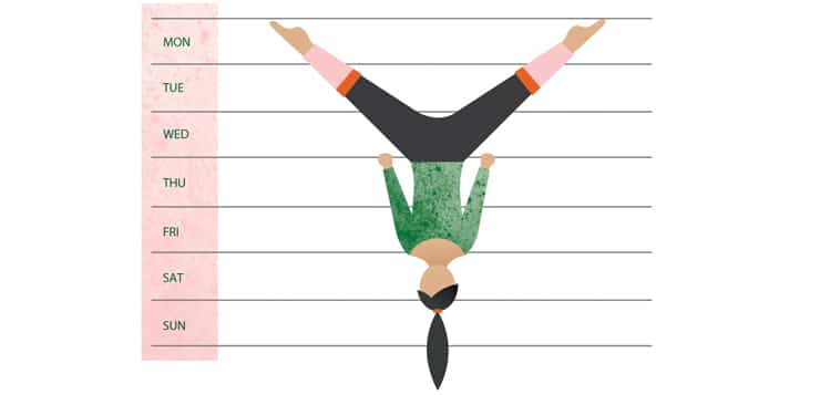 woman upside down on calendar, doing acrobatics