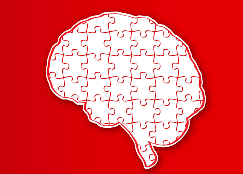 A brain-shaped outline filled with interconnected jigsaw puzzle pieces is set against a vibrant red background. The uniformly intricate puzzle pieces form a cohesive design, symbolizing the complexities of the human brain and the battle against depression.