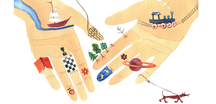 illustration hands with hobbies drawn on them