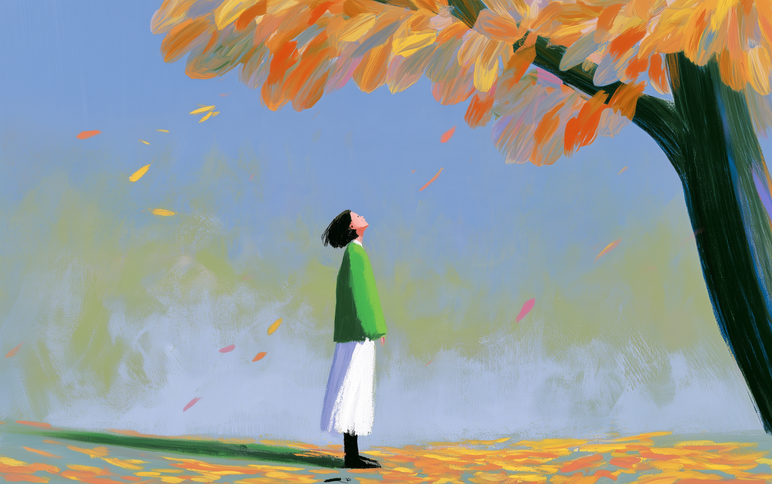 A person looks up at an autumn tree with a sense of wonder as orange and yellow leaves fall around them.