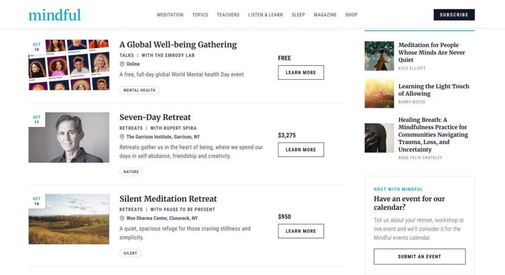 Mindful.org events page featuring a global gathering, a meditation retreat, and a silent retreat with event details and sign-up buttons.