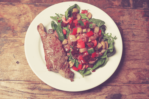 Farm to table plate: smaller steak, heirloom veggies