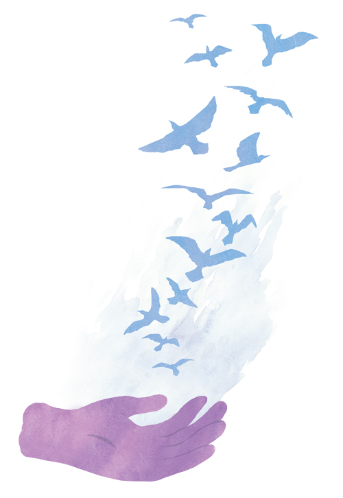illustration hands with birds flying out