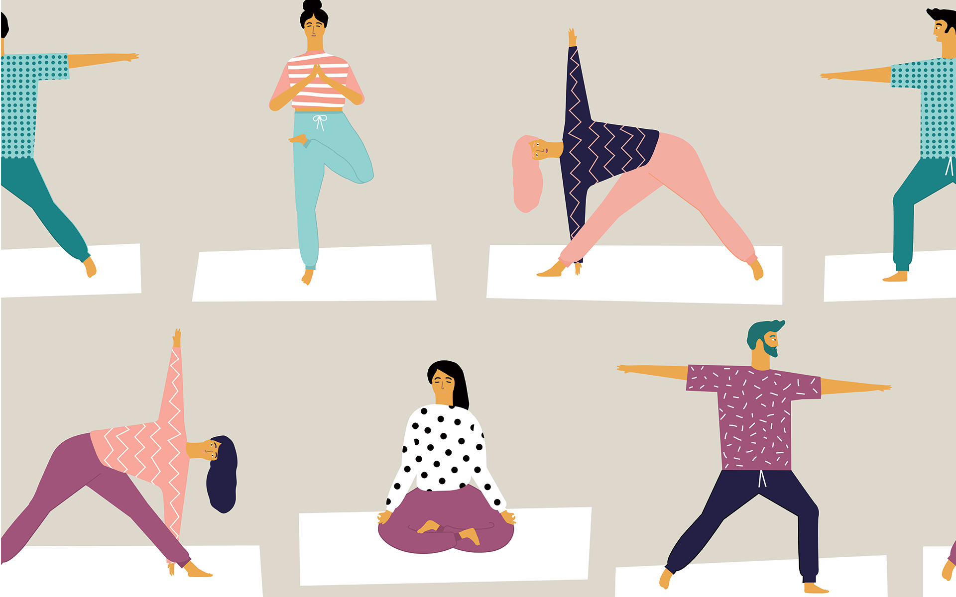 illustration of men and women meditating and doing yoga poses