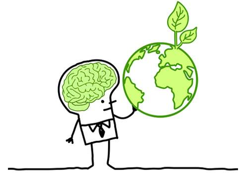 A stick figure with a detailed green brain exposed, symbolizing thinking or intelligence, is holding a green Earth with leaves sprouting from it. The image emphasizes eco-friendly thinking and environmental consciousness.